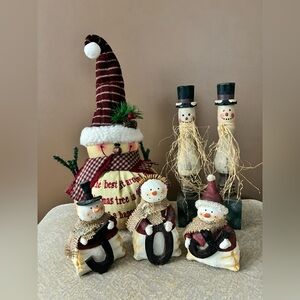 Holiday Snowman Decor, Fabric Snowman, 3pc. “JOY” Snowmen, 2 Candlesticks